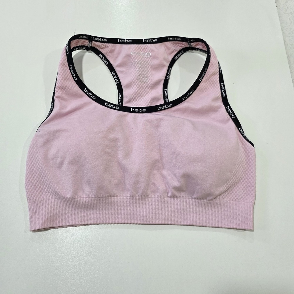 Bebe Sports Bra Logo Sportmini Racer Back Baby Pink Sz L